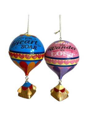 2 Kurt Adler Hot Air Balloon Christmas Ornaments Inspirational Words Plastic VTG